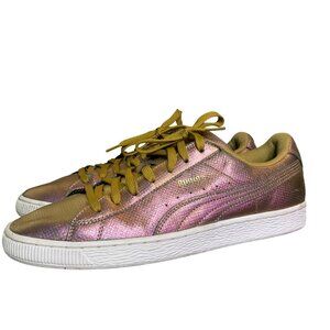 Puma Womens basket classic 9.5 Holographic Pink & Gold Sneakers  gold Laces